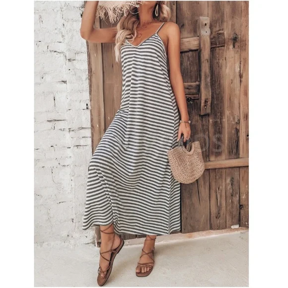 Loose Fitting Striped Cami Dress Maxi Long Flared V-Neck White Grey - Picture 7 of 9